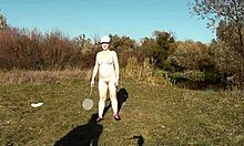 autumn sport milf frina strips naked outdoors plays badminton doggy with lover