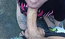 Blonde tattooed Brazilian sucks monster cock bareback in backyard garden