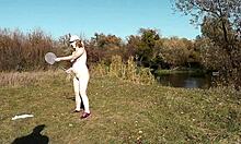 autumn sport milf frina strips naked outdoors plays badminton doggy with lover