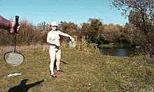 autumn sport milf frina strips naked outdoors plays badminton doggy with lover