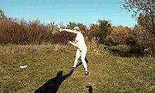 autumn sport milf frina strips naked outdoors plays badminton doggy with lover