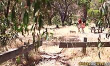 lesbian aussie babe rims hairy pussy outdoors then fingers her wet 😏👅🌳