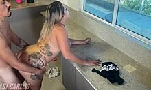 kitchen hookup ends with hot load in her mouth