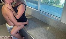 kitchen hookup ends with hot load in her mouth