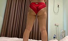 check this big ass asian teen in red panties working out hotel room