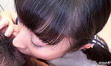 Petite Japanese Teen Seduces Classmate for First Blowjob Ball Licking and Cum Swallow