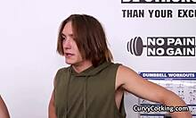 Two gym studs stuff perky brunette's spandex pussy in hardcore three-way ride reality