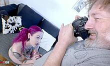 redhead milf lady lazarus gets ravished hard by two studs in garage with deepthroat and rough fucking