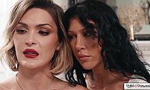 Busty tgirl Tori Easton tongues girlfriend to squirting orgasm