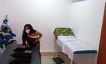 Nurse in business clothes masturbates juicy pussy like slut in doctor's office Christmas day