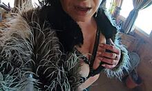 deepthroat goddess in leather fur teases cameltoe, swallows cum with fat ass worship