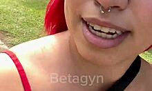 narrative unfolds with redhead latina neighbor flashing big natural tits outdoors in park for first time milk play