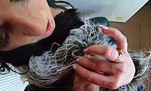 deepthroat goddess in leather fur teases cameltoe, swallows cum with fat ass worship