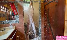 sub slut bound in bathroom takes rough foam punishment from dom