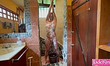 sub slut bound in bathroom takes rough foam punishment from dom