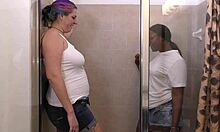 hey check out this tall ebony gf with big natural tits gettin messy wet in shower kissin