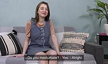 hot brunette virgin teen babe 😍 first time casting interview on sofa fingering wet pussy small tits