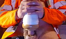 daddy strokes his hard cock furiously in the truck dorm style