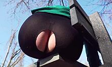 Huge ass mature wife slut's leggings rip wide open for public flashing prank