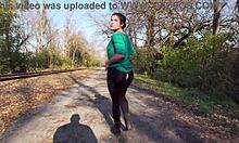 Huge ass mature wife slut's leggings rip wide open for public flashing prank