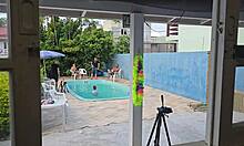 Wife Fucks Husband's Friends in Kitchen While He Cleans Pool Finale