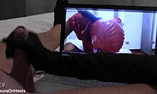 fan watches my vid as i glove-handjob monster cock to massive cumshot