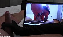 fan watches my vid as i glove-handjob monster cock to massive cumshot