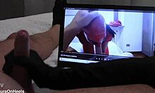 fan watches my vid as i glove-handjob monster cock to massive cumshot