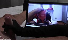 fan watches my vid as i glove-handjob monster cock to massive cumshot