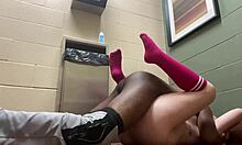 sexy teen in pink socks cums hard from interracial public bathroom fuck 💦