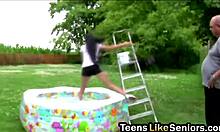 Petite Shaved Teen Bent Over For Old Man's Rough Doggystyle In Classic Blue Film Action