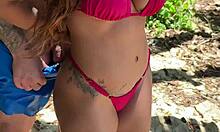 threesome beach sex bikini ripped off for deep pussy pounding