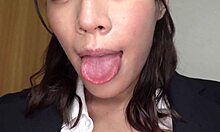 this cute japanese chick who loves blowjobs starts part one with a steamy handjob and deep suck till he orgasms hard on her natural tits