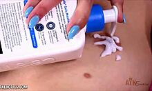 sexy russian milf blonde stuffs wet pussy with big banana fingering to squirting orgasm then eats fruit