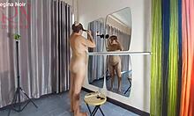 naked nudist hairdresser regina noir shaves trims her juicy shaved pussy lips at beach dorm