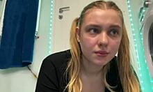 Chubby teen with big natural tits squirts wet orgasm while fingering pussy in bathroom.