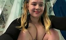 Chubby teen with big natural tits squirts wet orgasm while fingering pussy in bathroom.