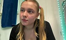 Chubby teen with big natural tits squirts wet orgasm while fingering pussy in bathroom.