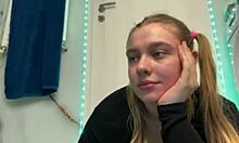 Chubby teen with big natural tits squirts wet orgasm while fingering pussy in bathroom.