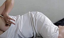 Indo jilbab brunette in white satin dress tempts with huge tits and gets creampied deep inside.