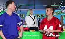kinky barmaid teases two lucky friends for playful freeuse fun