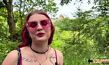 Trixy redhead slut takes two massive hard cocks