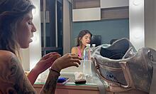 hey latina nympho next door can't resist bareback riding big white cock behind scenes