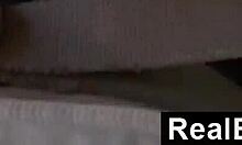 black girlfriend grinds her thick ass all over his lap teasing him hard