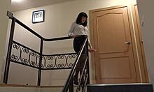 Russian Brunette Stuffs HAIRY ANUS with Big Dildo in Heels Stockings Gaping Poses