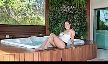 pool boy spies boss sunbathing in lingerie and strokes his throbbing cock watching her small waist