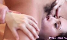 Big titted brunette teen gets her pussy licked out by skinny german lesbian
