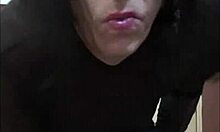 bisexual sissy crossdresser in stockings and thong drinks piss cum mix from glass after humiliating handjob