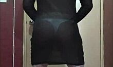 bisexual sissy crossdresser in stockings and thong drinks piss cum mix from glass after humiliating handjob