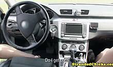 a classy hitchhiker picks up stranger and handjobs his cock outdoors